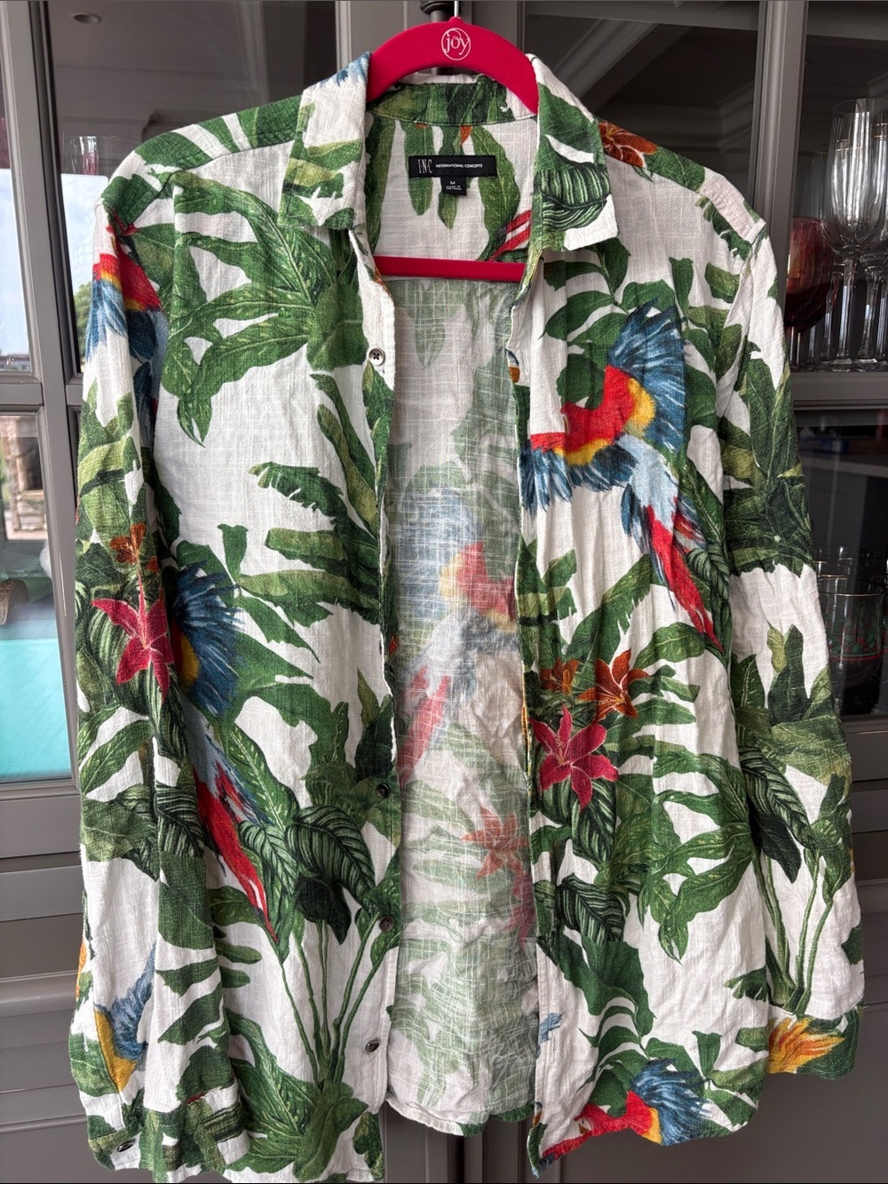 INC International Concepts Green Leaf Print Hawaiian Button-Up Shirt